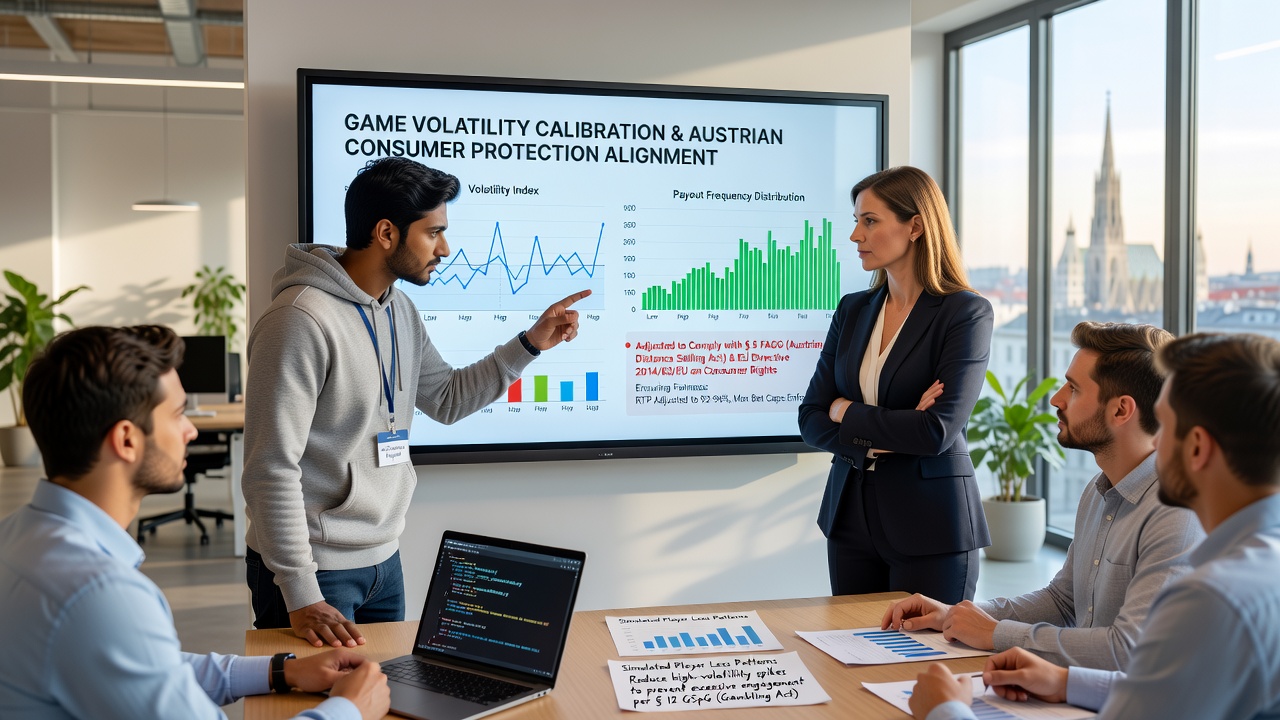 Laboratory technicians analyzing slot volatility data reports for Austrian regulatory compliance